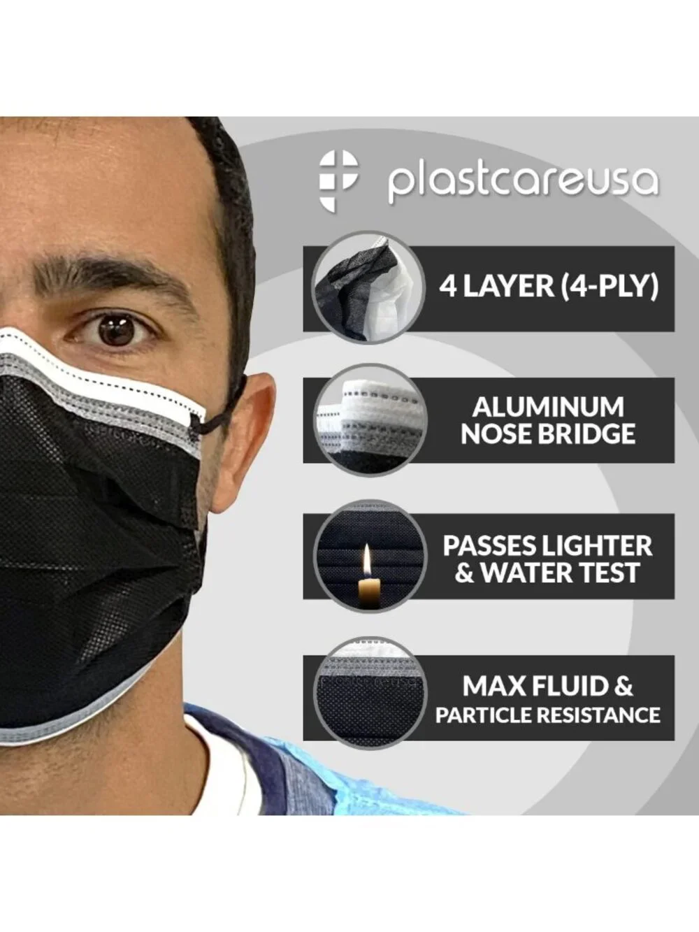 4-Ply Black Disposable Face Masks with Adjustable Nose Band - ASTM Level 3